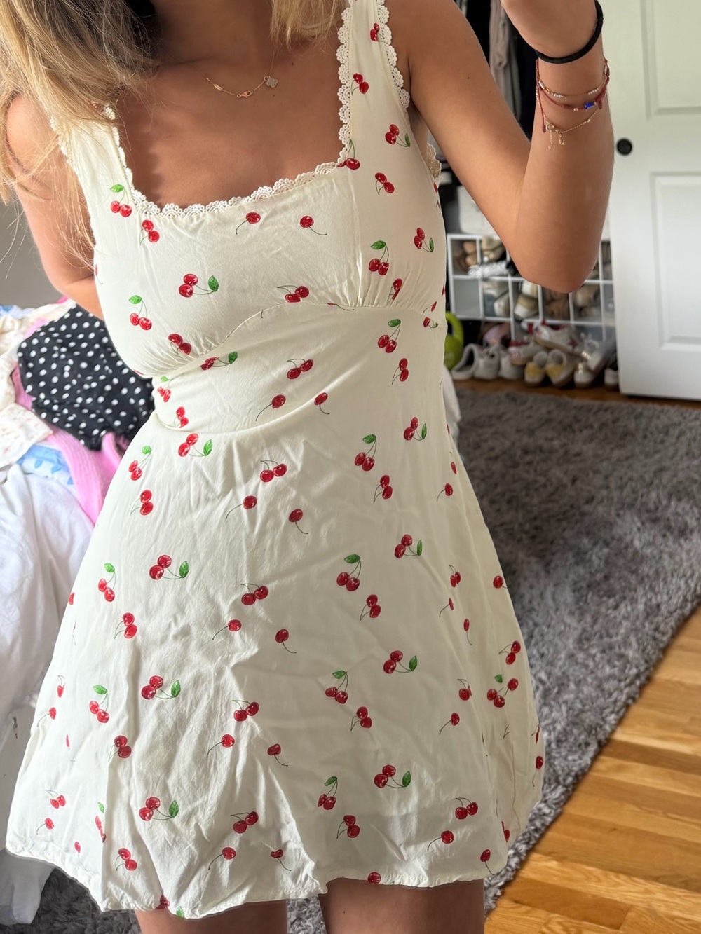 Princess Polly Cream Dress with Red Cherry Accents